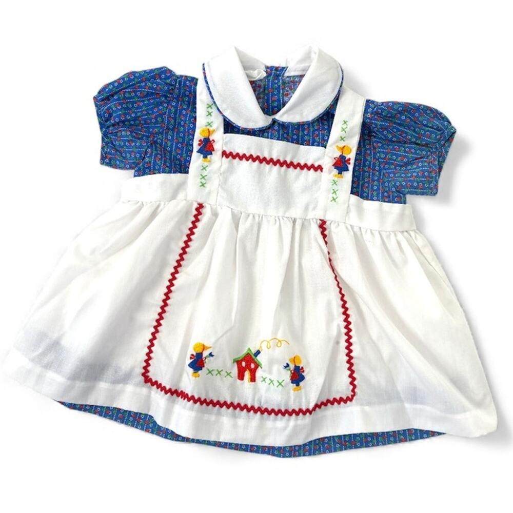 VTG Mayfair Apron Dress Set Size 12 Mo Blue Floral Cottagecore Prairie Photos